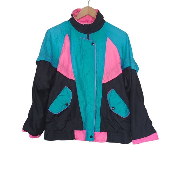 Vintage 90s Neon Pink Blue Windbreaker Track Jacket - Picture 2 of 10